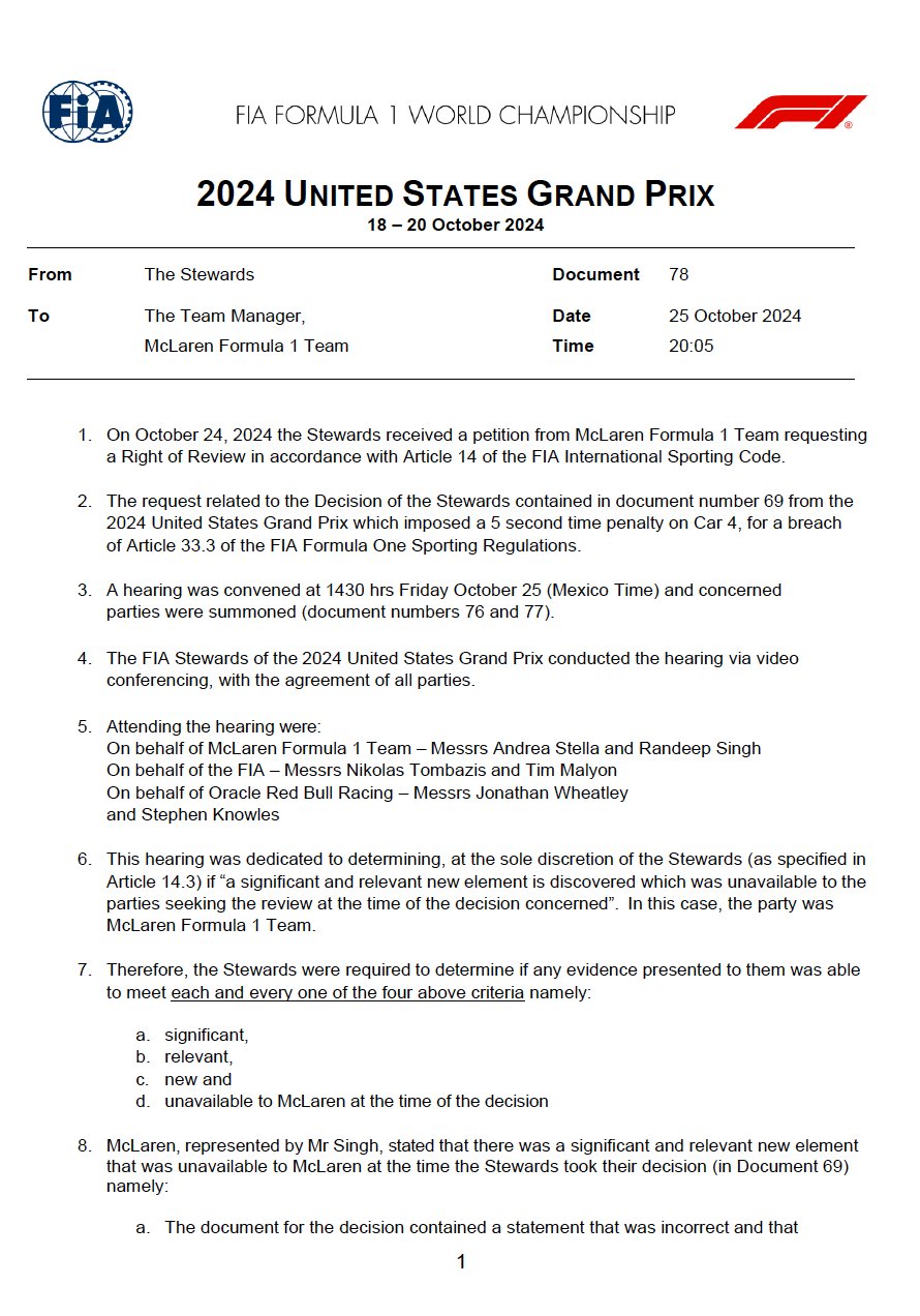 FIA官方:迈凯伦复审权被驳回 诺里斯上站被罚5秒维持原判